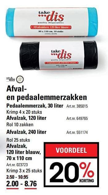 Aanbiedingen Afval en pedaalemmerzakken pedaalemmerzak, 30 liter - Takedis - Geldig van 09/03/2017 tot 27/03/2017 bij Sligro