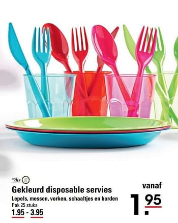 Aanbiedingen Gekleurd disposable servies lepels, messen, vorken, schaaltjes en borden - Takedis - Geldig van 09/03/2017 tot 27/03/2017 bij Sligro
