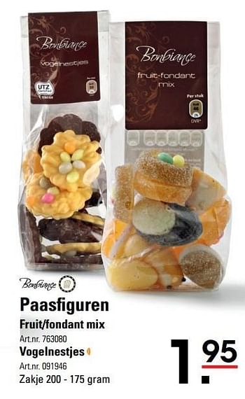 Aanbiedingen Paasfiguren fruit-fondant mix - Bonbiance - Geldig van 06/03/2017 tot 17/04/2017 bij Sligro