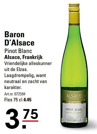 Aanbiedingen Baron d`alsace pinot blanc alsace, frankrijk - Witte wijnen - Geldig van 09/03/2017 tot 27/03/2017 bij Sligro