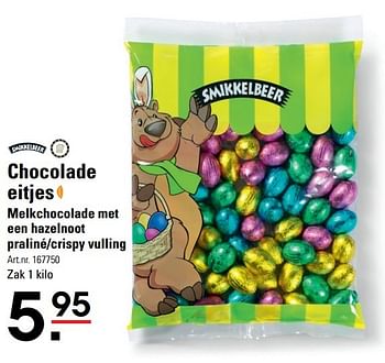 Aanbiedingen Chocolade eitjes melkchocolade met een hazelnoot praliné-crispy vulling - Smikkelbeer - Geldig van 09/03/2017 tot 27/03/2017 bij Sligro