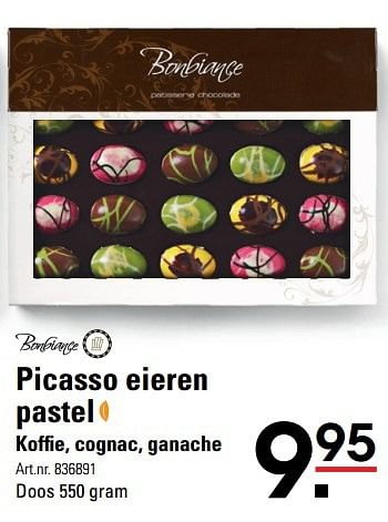 Aanbiedingen Picasso eieren pastel koffie, cognac, ganache - Bonbiance - Geldig van 09/03/2017 tot 27/03/2017 bij Sligro