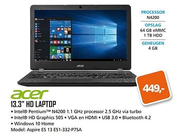 Aanbiedingen Acer 13.3 hd laptop - Acer - Geldig van 13/03/2017 tot 02/04/2017 bij ITprodeals