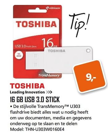 Aanbiedingen 16 gb usb 3.0 stick - Toshiba - Geldig van 13/03/2017 tot 02/04/2017 bij ITprodeals