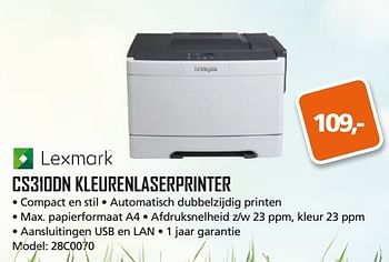 Aanbiedingen Cs310dn kleurenlaserprinter - Lexmark - Geldig van 13/03/2017 tot 02/04/2017 bij ITprodeals