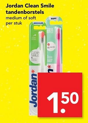 Aanbiedingen Jordan clean smile tandenborstels medium of soft - Jordan - Geldig van 19/03/2017 tot 25/03/2017 bij Deen Supermarkten