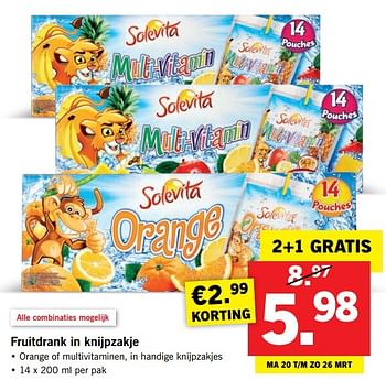 Aanbiedingen Fruitdrank in knijpzakje - Solevita - Geldig van 20/03/2017 tot 26/03/2017 bij Lidl