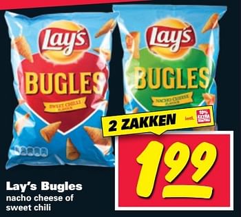 Aanbiedingen Lay`s bugles nacho cheese of sweet chili - Lay's - Geldig van 20/03/2017 tot 26/03/2017 bij Nettorama