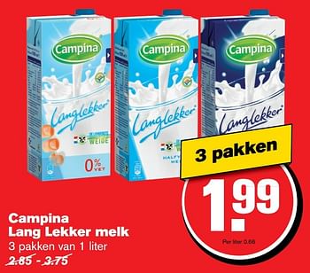 Aanbiedingen Campina lang lekker melk - Campina - Geldig van 22/03/2017 tot 28/03/2017 bij Hoogvliet