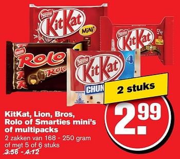 Aanbiedingen Kitkat, lion, bros, rolo of smarties mini`s of multipacks - Nestlé - Geldig van 22/03/2017 tot 28/03/2017 bij Hoogvliet