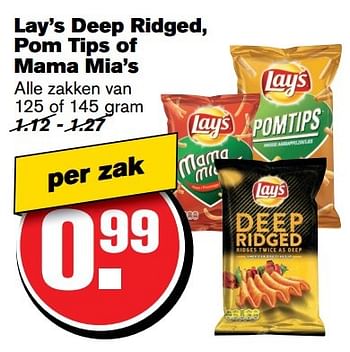 Aanbiedingen Lay`s deep ridged, pom tips of mama mia`s - Lay's - Geldig van 22/03/2017 tot 28/03/2017 bij Hoogvliet