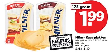 Aanbiedingen Milner kaas plakken - Milner - Geldig van 26/03/2017 tot 01/04/2017 bij Plus