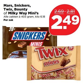 Aanbiedingen Mars, snickers, twix, bounty of milky way mini`s - Mars Snacks - Geldig van 26/03/2017 tot 01/04/2017 bij Plus
