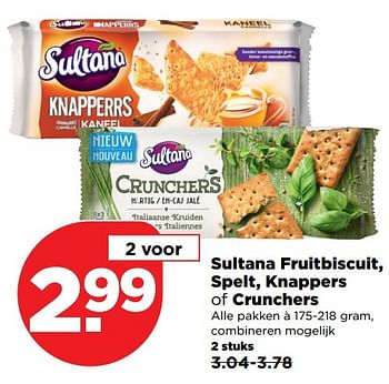 Aanbiedingen Sultana fruitbiscuit, spelt, knappers of crunchers - Sultana - Geldig van 26/03/2017 tot 01/04/2017 bij Plus