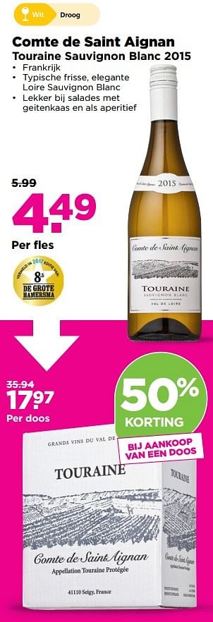 Aanbiedingen Comte de saint aignan touraine sauvignon blanc 2015 - Witte wijnen - Geldig van 26/03/2017 tot 01/04/2017 bij Plus