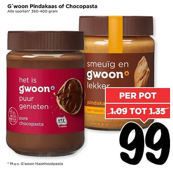 Aanbiedingen G´woon pindakaas of chocopasta - Gâ€™woon - Geldig van 26/03/2017 tot 01/04/2017 bij Vomar