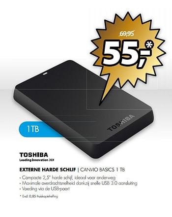 Aanbiedingen Toshiba externe harde schijf canvio basics 1 tb - Toshiba - Geldig van 27/03/2017 tot 02/04/2017 bij Expert
