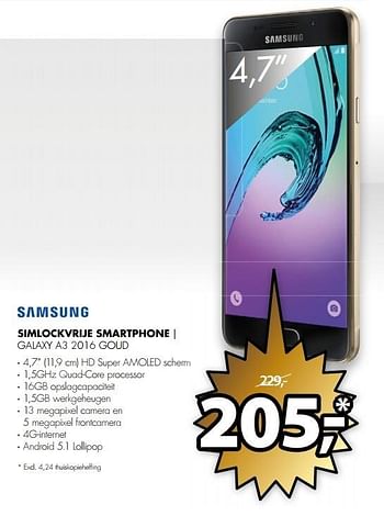 Aanbiedingen Samsung simlockvrije smartphone galaxy a3 2016 goud - Samsung - Geldig van 27/03/2017 tot 02/04/2017 bij Expert