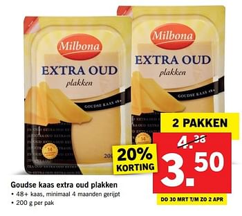 Aanbiedingen Goudse kaas extra oud plakken - Milbona - Geldig van 27/03/2017 tot 01/04/2017 bij Lidl