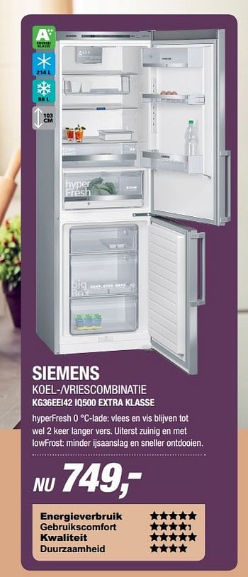 Aanbiedingen Siemens koel--vriescombinatie kg36eei42 iq500 extra klasse - Siemens - Geldig van 20/03/2017 tot 02/04/2017 bij Electro World