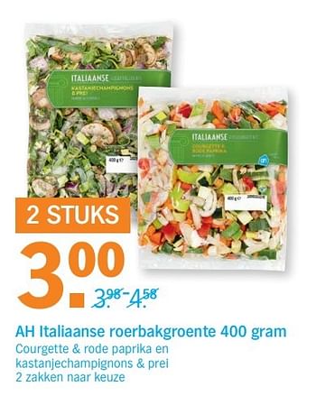 Aanbiedingen Ah italiaanse roerbakgroente 400 gram - Huismerk - Albert Heijn - Geldig van 27/03/2017 tot 02/04/2017 bij Albert Heijn