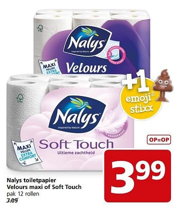 Aanbiedingen Nalys toiletpapier velours maxi of soft touch - Nalys - Geldig van 27/03/2017 tot 02/04/2017 bij Jan Linders