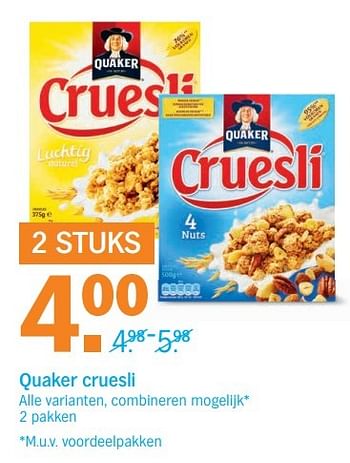 Aanbiedingen Quaker cruesli - Quaker - Geldig van 27/03/2017 tot 02/04/2017 bij Albert Heijn