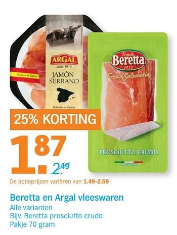 Aanbiedingen Beretta en argal vleeswaren - Argal - Geldig van 27/03/2017 tot 02/04/2017 bij Albert Heijn