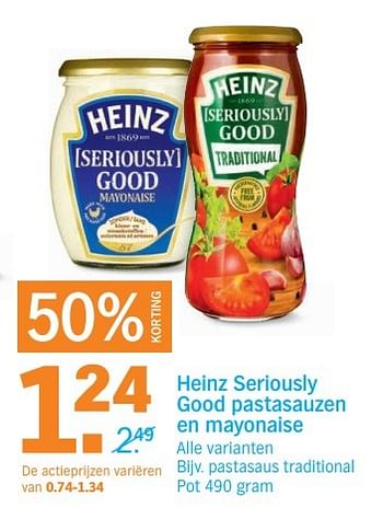 Aanbiedingen Heinz seriously good pastasauzen en mayonaise - Heinz - Geldig van 27/03/2017 tot 02/04/2017 bij Albert Heijn