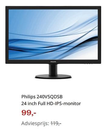 Aanbiedingen Philips 240v5qdsb 24 inch full hd-ips-monitor - Philips - Geldig van 27/03/2017 tot 05/04/2017 bij Bol