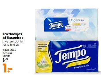 Aanbiedingen Zakdoekjes of tissuebox - Tempo - Geldig van 25/03/2017 tot 05/04/2017 bij Blokker