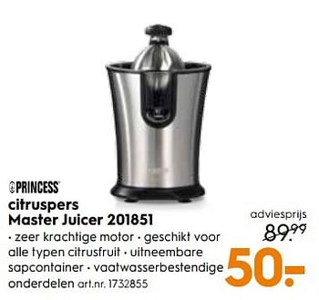 Aanbiedingen Princess citruspers master juicer 201851 - Master - Geldig van 25/03/2017 tot 05/04/2017 bij Blokker