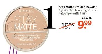 Aanbiedingen Stay matte pressed powder - Rimmel - Geldig van 27/03/2017 tot 09/04/2017 bij Etos