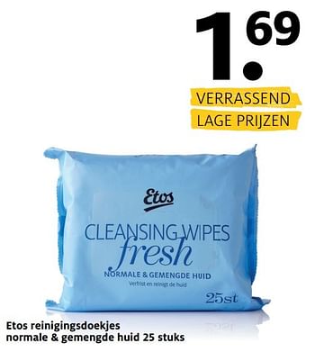 Aanbiedingen Etos reinigingsdoekjes normale + gemengde huid - Huismerk - Etos - Geldig van 27/03/2017 tot 09/04/2017 bij Etos