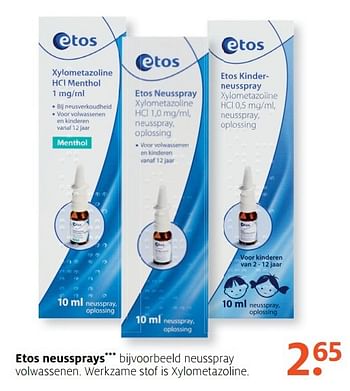 Aanbiedingen Etos neusspray volwassenen. werkzame stof is xylometazoline - Huismerk - Etos - Geldig van 27/03/2017 tot 09/04/2017 bij Etos