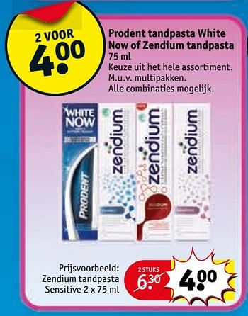 Aanbiedingen Prodent tandpasta white now of zendium tandpasta sensitive - Prodent - Geldig van 28/03/2017 tot 09/04/2017 bij Kruidvat