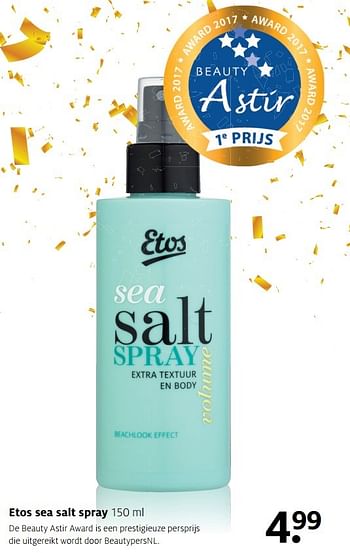 Aanbiedingen Etos sea salt spray - Huismerk - Etos - Geldig van 03/04/2017 tot 09/04/2017 bij Etos