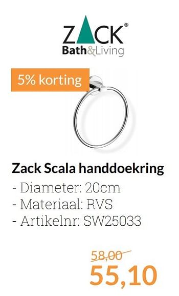 Aanbiedingen Zack scala handdoekring - Zack - Geldig van 01/04/2017 tot 30/04/2017 bij Sanitairwinkel