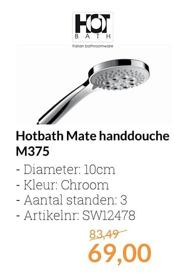 Aanbiedingen Hotbath mate handdouche m375 - Hotbath - Geldig van 01/04/2017 tot 30/04/2017 bij Sanitairwinkel