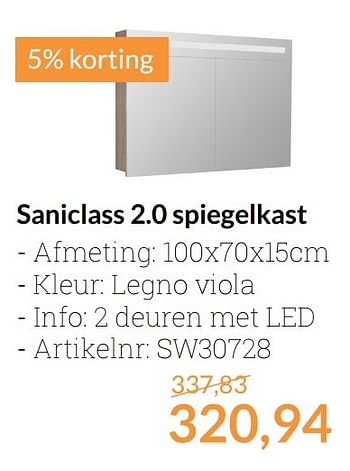 Aanbiedingen Saniclass 2.0 spiegelkast - Saniclass - Geldig van 01/04/2017 tot 30/04/2017 bij Sanitairwinkel
