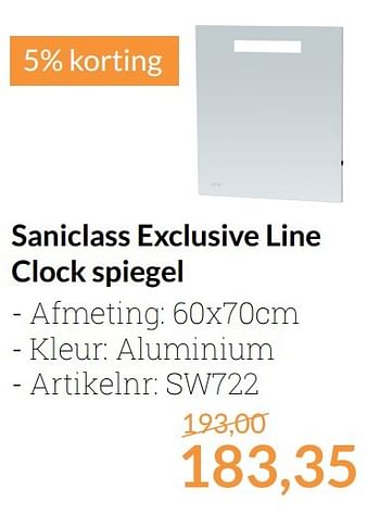 Aanbiedingen Saniclass exclusive line clock spiegel - Saniclass - Geldig van 01/04/2017 tot 30/04/2017 bij Sanitairwinkel