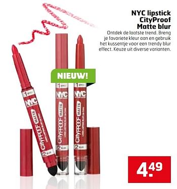 Aanbiedingen Nyc lipstick cityproof matte blur - NYC - Geldig van 28/03/2017 tot 09/04/2017 bij Trekpleister