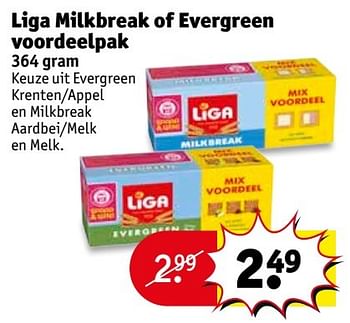 Aanbiedingen Liga milkbreak of evergreen voordeelpak - Liga - Geldig van 28/03/2017 tot 09/04/2017 bij Kruidvat