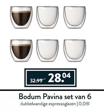 Aanbiedingen Bodum pavina set van 6 dubbelwandige espressoglazen - Bodum - Geldig van 27/03/2017 tot 17/04/2017 bij Cook & Co