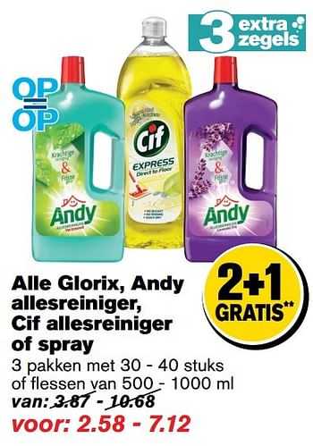 Aanbiedingen Alle glorix, andy allesreiniger, cif allesreiniger of spray - Huismerk - Hoogvliet - Geldig van 29/03/2017 tot 04/04/2017 bij Hoogvliet