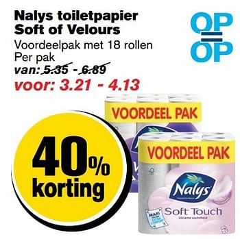 Aanbiedingen Nalys toiletpapier soft of velours - Nalys - Geldig van 29/03/2017 tot 04/04/2017 bij Hoogvliet