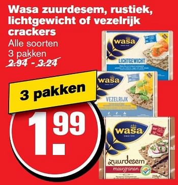 Aanbiedingen Wasa zuurdesem, rustiek, lichtgewicht of vezelrijk crackers - Wasa - Geldig van 29/03/2017 tot 04/04/2017 bij Hoogvliet