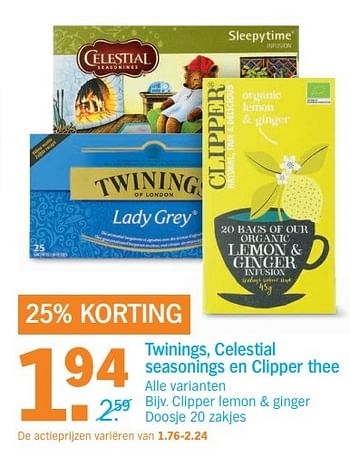 Aanbiedingen Twinings, celestial seasonings en clipper thee - Huismerk - Albert Heijn - Geldig van 03/04/2017 tot 09/04/2017 bij Albert Heijn