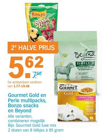 Aanbiedingen Gourmet gold en perle multipacks, bonzo snacks en beyond - Huismerk - Albert Heijn - Geldig van 03/04/2017 tot 09/04/2017 bij Albert Heijn