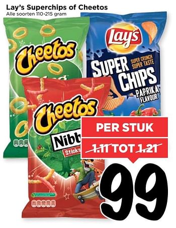 Aanbiedingen Lay`s superchips of cheetos - Cheetos  - Geldig van 02/04/2017 tot 08/04/2017 bij Vomar